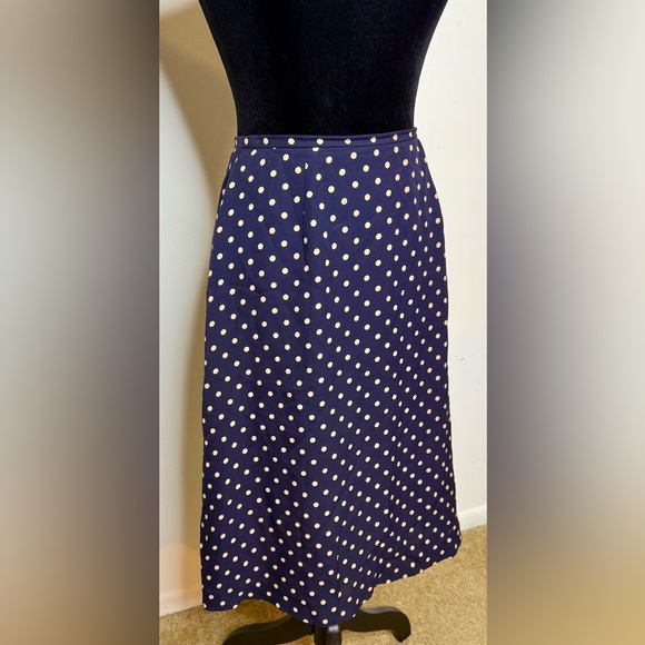 Talbots pure silk navy blue and cream polka dot lined A line midi skirt size 2 - Picture 3 of 8